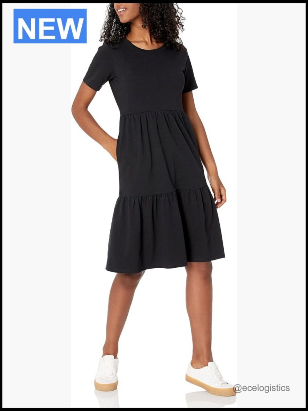 Short-Sleeve Crewneck Tiered Dress, Cotton Slub, Fit & Flare, Knee-Length